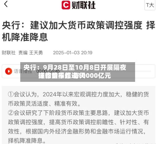 央行：9月28日至10月8日开展隔夜逆回购操作 每天操作量不超过10000亿元