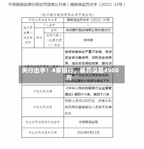 央行出手！4家银行，被罚没超4900万
