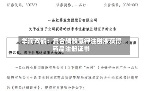 华润双鹤:复合磷酸氢钾注射液获得药品注册证书