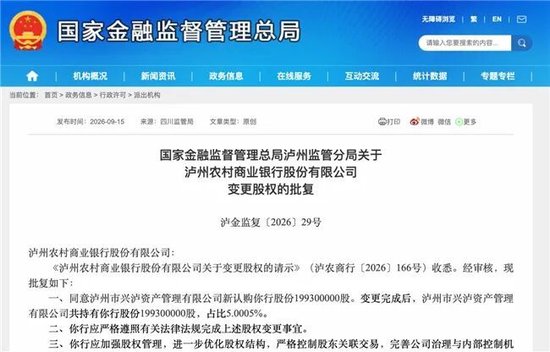泸州农商银行获批增资至39.8亿元，泸州老窖集团、兴泸资产认购	，持股均超5%