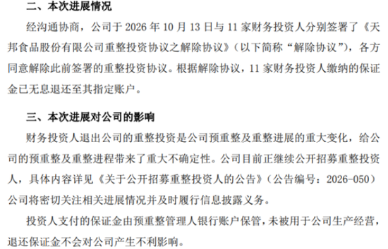 前三季度巨亏16.58亿元	，13家投资人全解约，天邦食品预重整步入最后窗口期