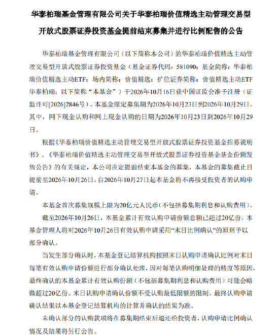 首批主动ETF发行“加速跑”：18只中5只提前结募，华夏、华泰柏瑞今日触顶配售